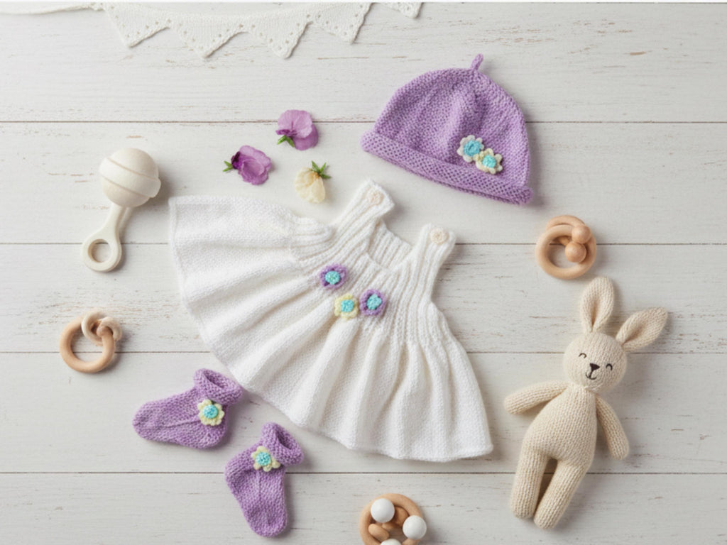 Girls knitting pattern -Baby Pinafore Dress Knitting Pattern | Eyelet, Hat, Socks (PDF Download)-eyelet pinafore dress knitting pattern