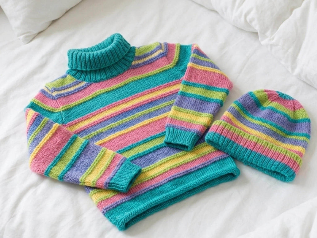 Girls Knit Stripe Sweater and Beanie Pattern – Roll Neck, DK Weight Wool (PDF Download)