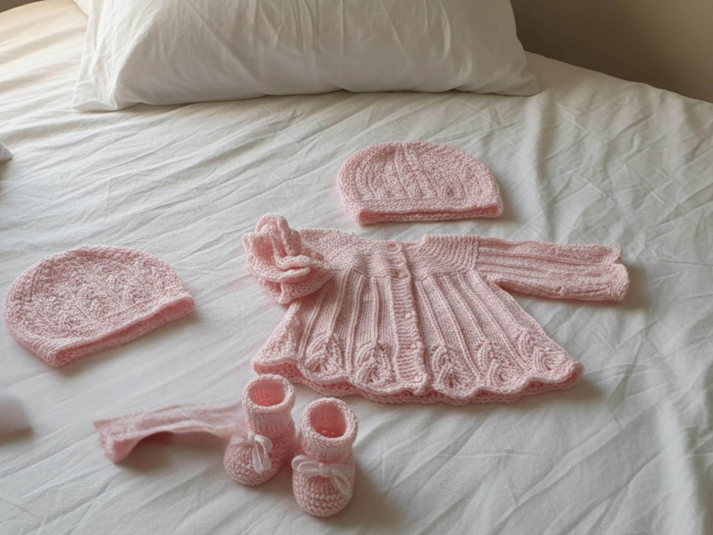 Baby girl Knitting Pattern -Vintage Style Baby Knitting Pattern | Baby Girl Lacy Dress, Jacket, Bonnet, Bootees (PDF Download)