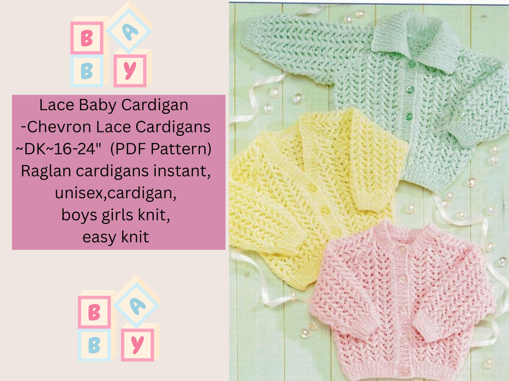 Chevron Lace Baby Cardigan Knitting Pattern – Raglan, Unisex, Easy Knit (PDF Download)