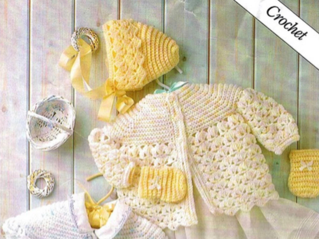 Baby Crochet Pattern Set – Matinee Coat, Bonnet, Bootees (0-9 Months) (PDF Download)