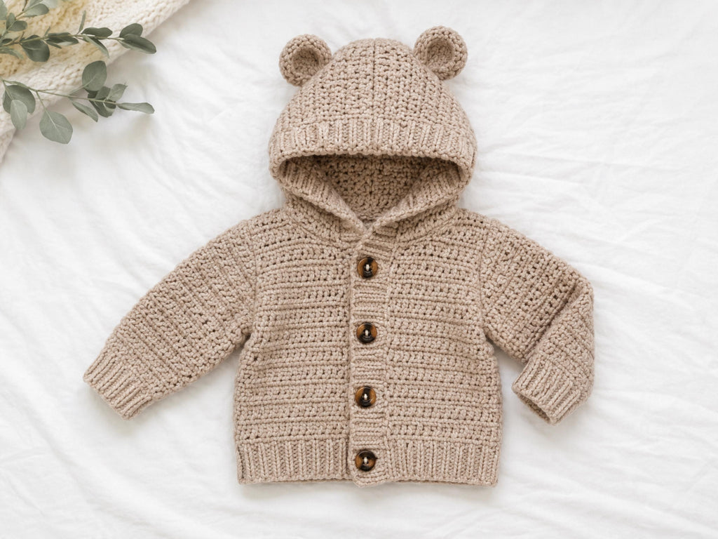 Baby Knitting Pattern Hooded Jacket, Teddy Bear Ears Cardigan 0-3 Years (PDF Download)