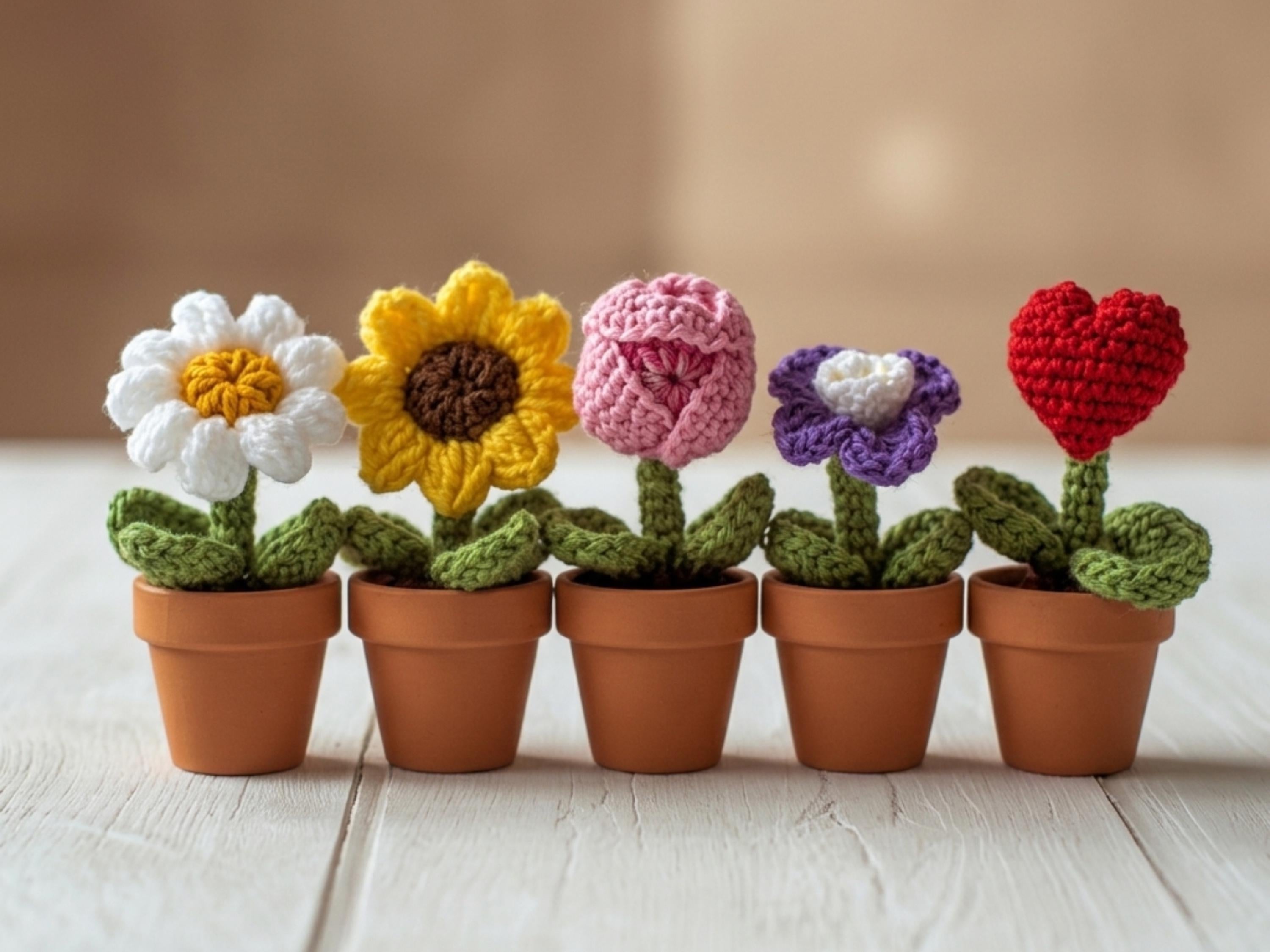 Mini Crochet Flower Pot Patterns Bundle | Daisy, Sunflower, Tulip, Violet, Heart (PDF Download)