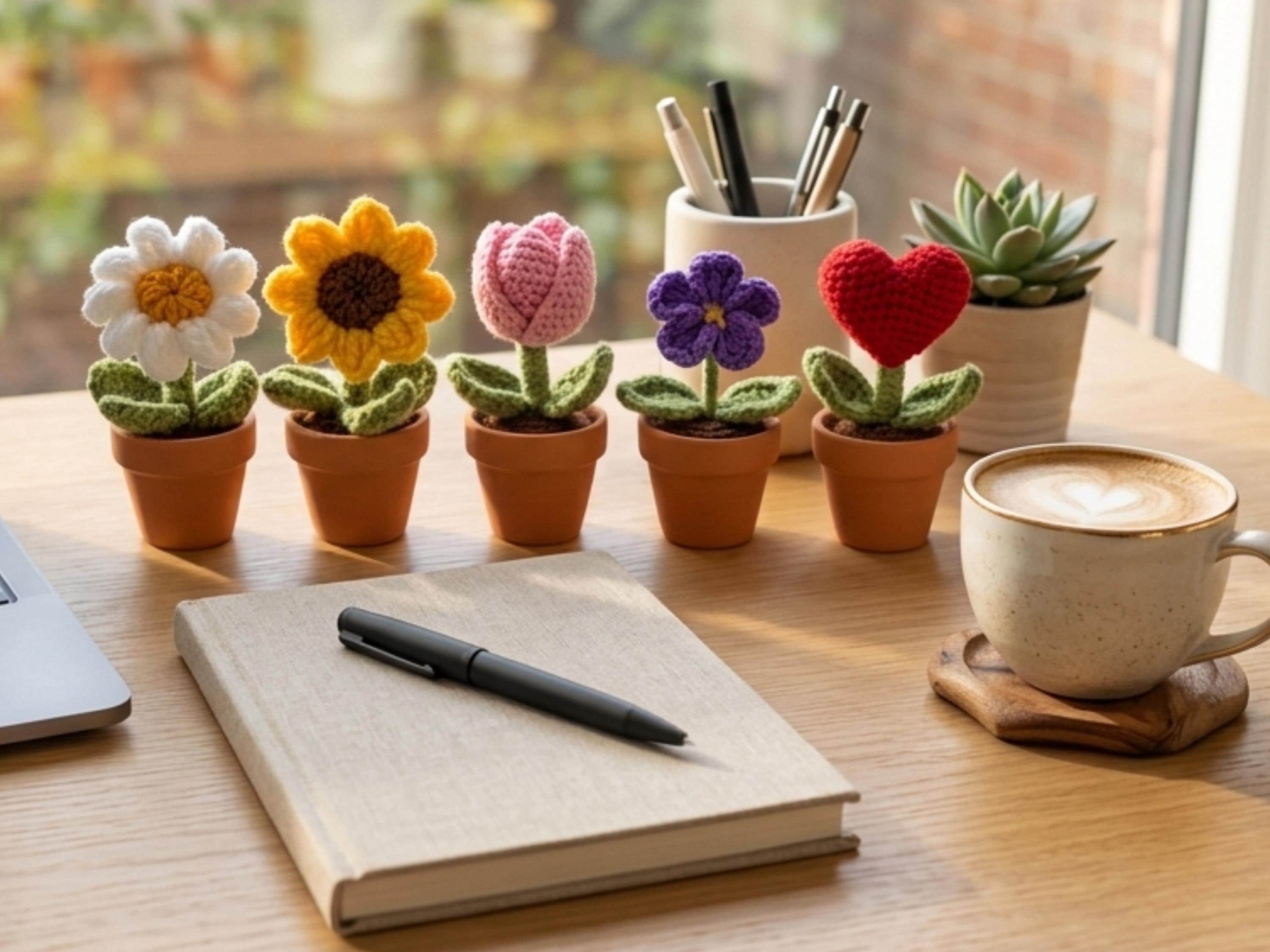 Mini Crochet Flower Pot Patterns Bundle | Daisy, Sunflower, Tulip, Violet, Heart (PDF Download)