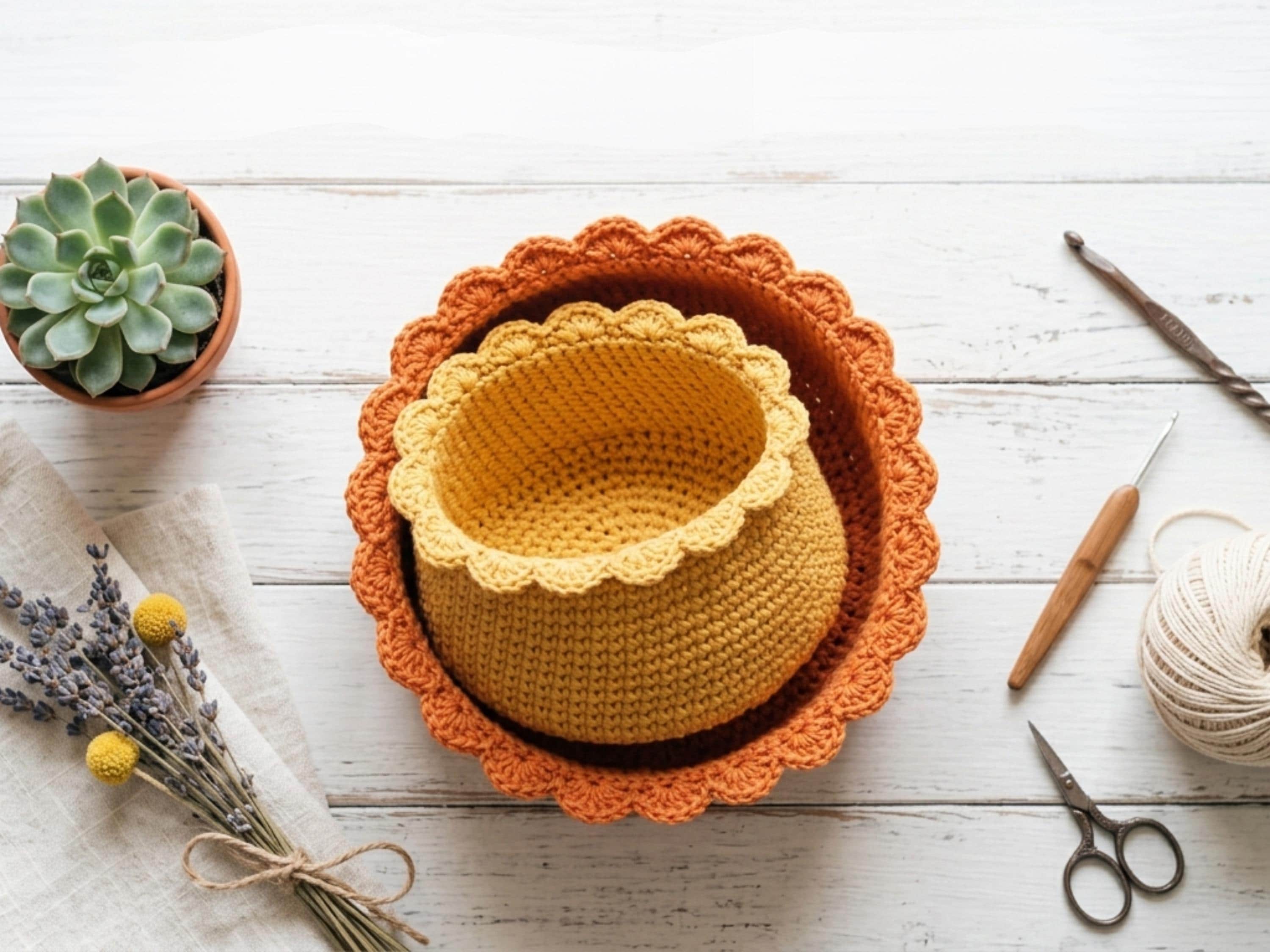 Scallop Edge Crochet Basket Pattern PDF, Farmhouse Storage Decor (2 Sizes)
