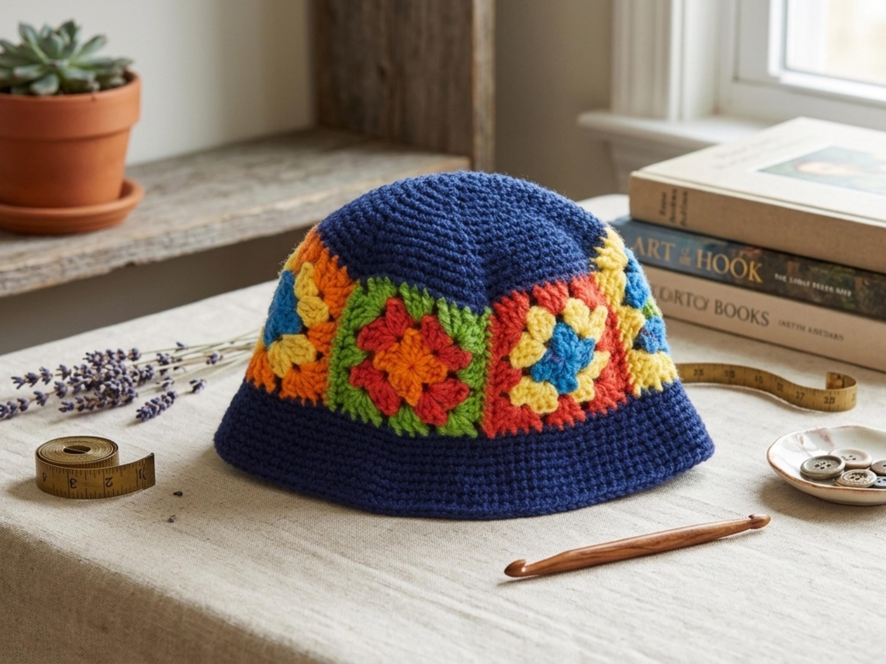 Crocheted Granny Square Bucket Hat, Pastel Boho Cotton Sun Hat (PDF Pattern)