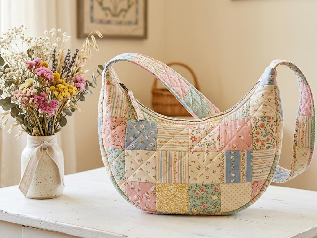 SALE*Quilted Crescent Bag Sewing Pattern PDF, Patchwork Moon Bag, Fat Quarter Quilted Shoulder Bag DIY, Beginner Quilting