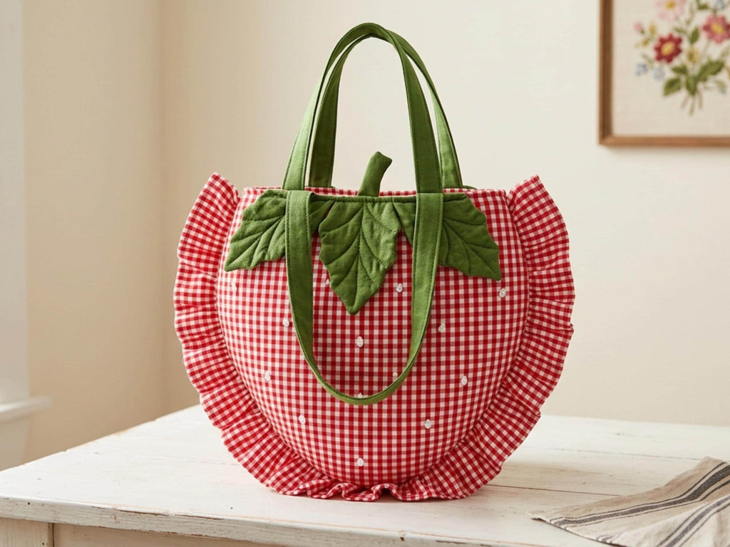 RETIREMENT SALE *Ruffled Strawberry Bag Sewing Pattern, Beginner Friendly Gingham Tote (PDF Download)