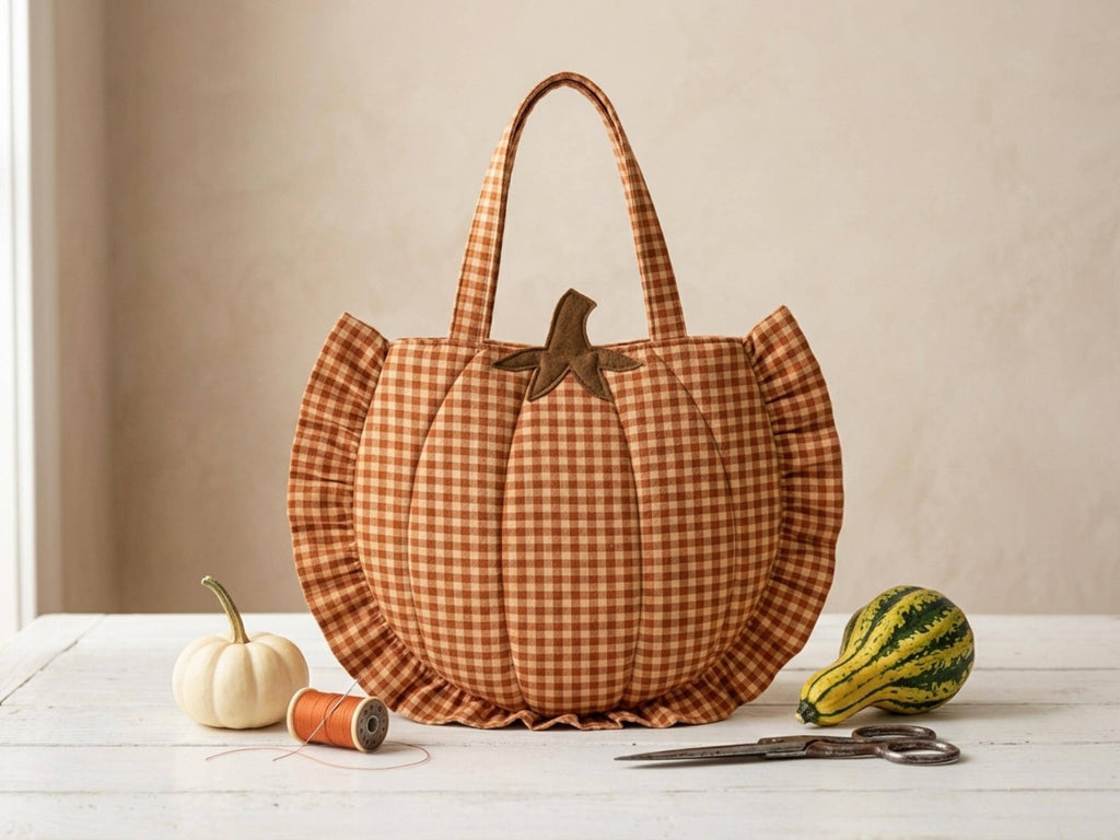 Ruffled Pumpkin Tote Sewing Pattern, Beginner Friendly Gingham Bag (PDF Download)