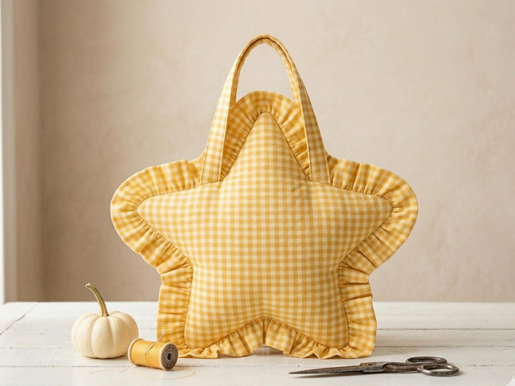 Ruffled Star Bag Sewing Pattern, Beginner Friendly Tote, Gingham Fabric (PDF Download)