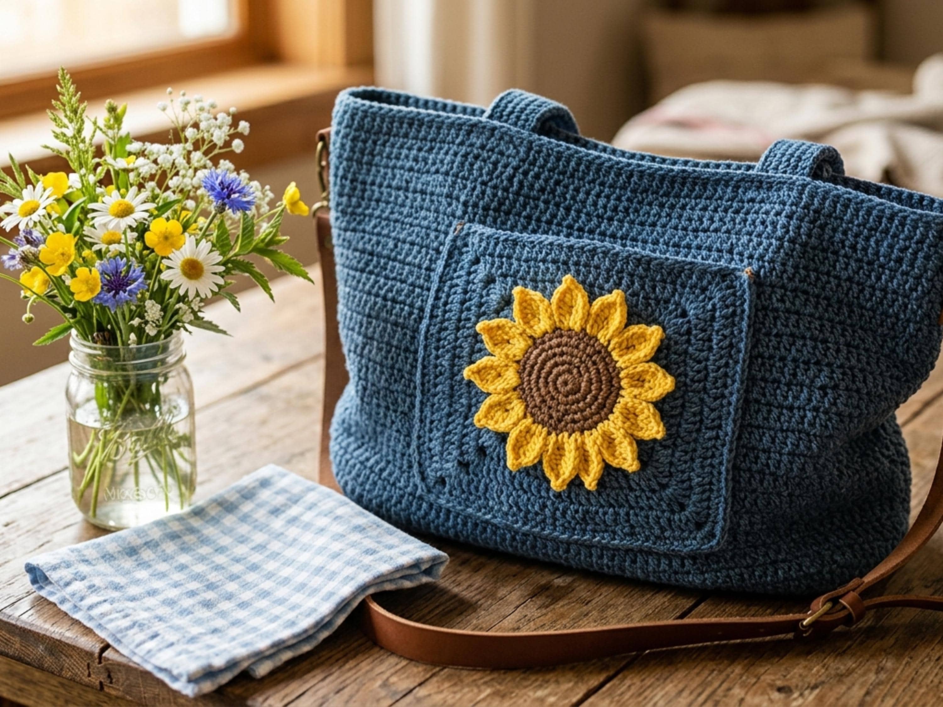 Sunflower Crochet Applique Pattern, Boho Farmhouse Flower Motif (PDF Download)