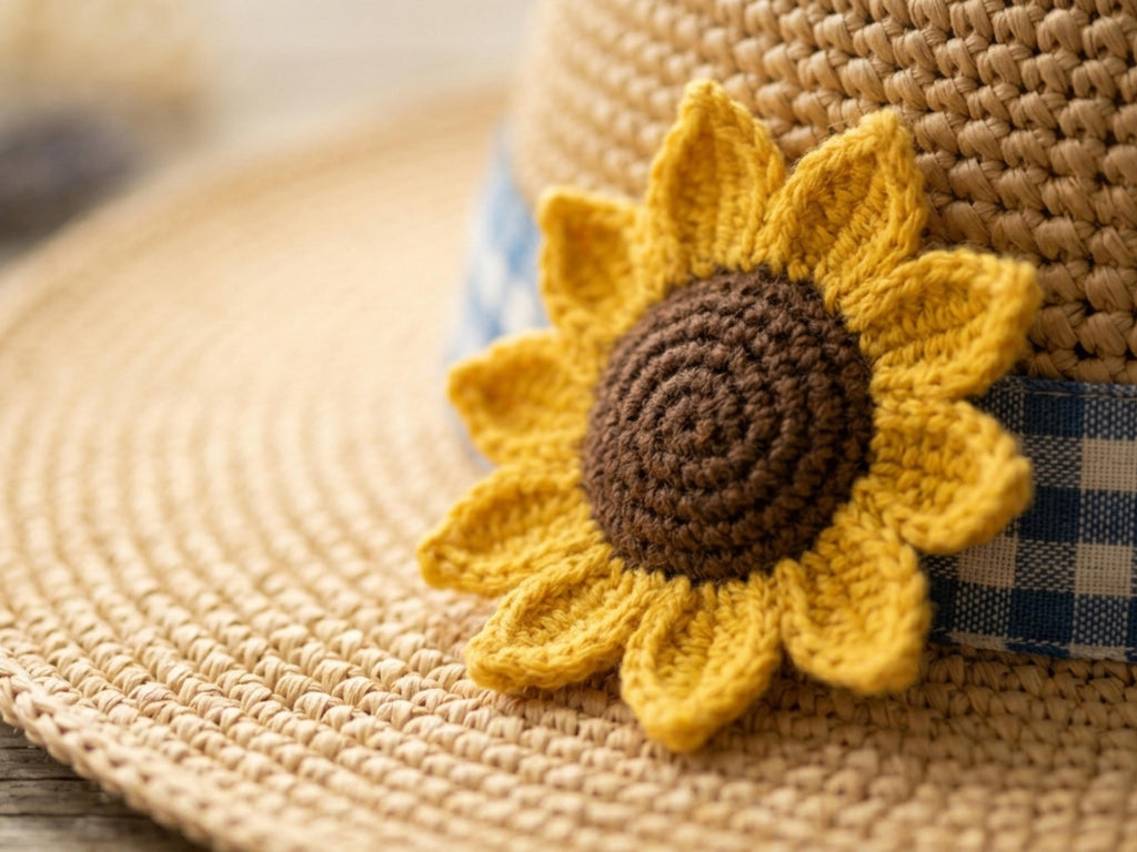Crochet Sun Hat Pattern, Raffia Wide Brim, Sunflower Applique, Farmhouse Summer (PDF Download)