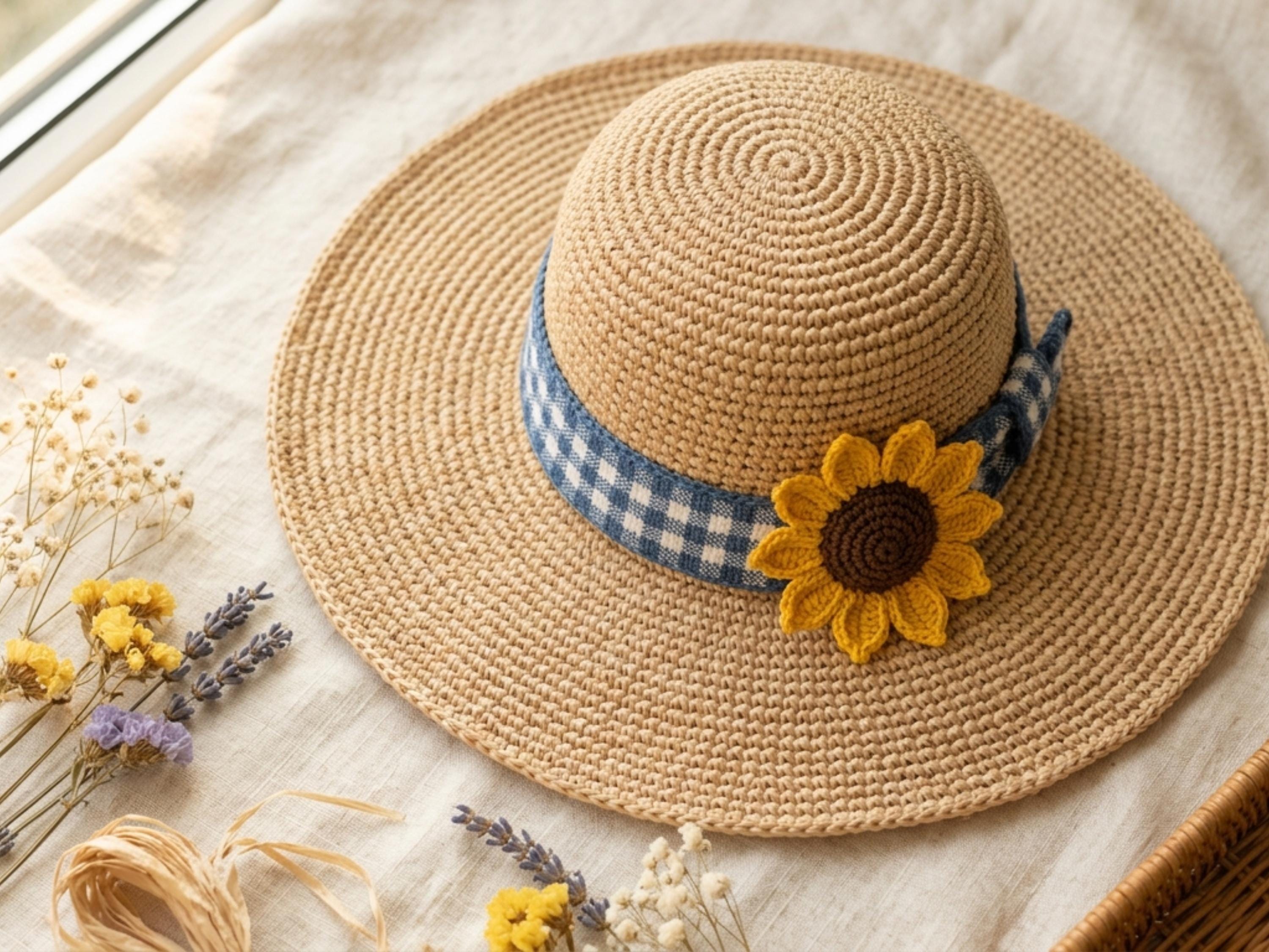 Crochet Sun Hat Pattern, Raffia Wide Brim, Sunflower Applique, Farmhouse Summer (PDF Download)