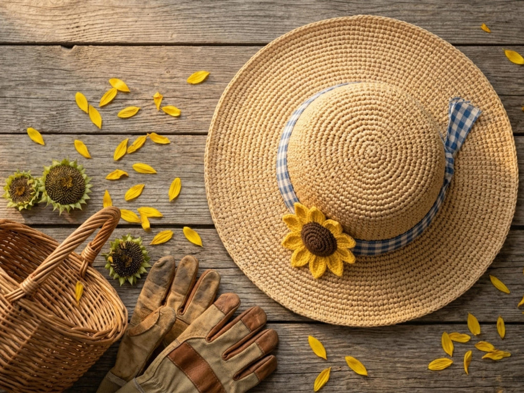 Crochet Sun Hat Pattern, Raffia Wide Brim, Sunflower Applique, Farmhouse Summer (PDF Download)