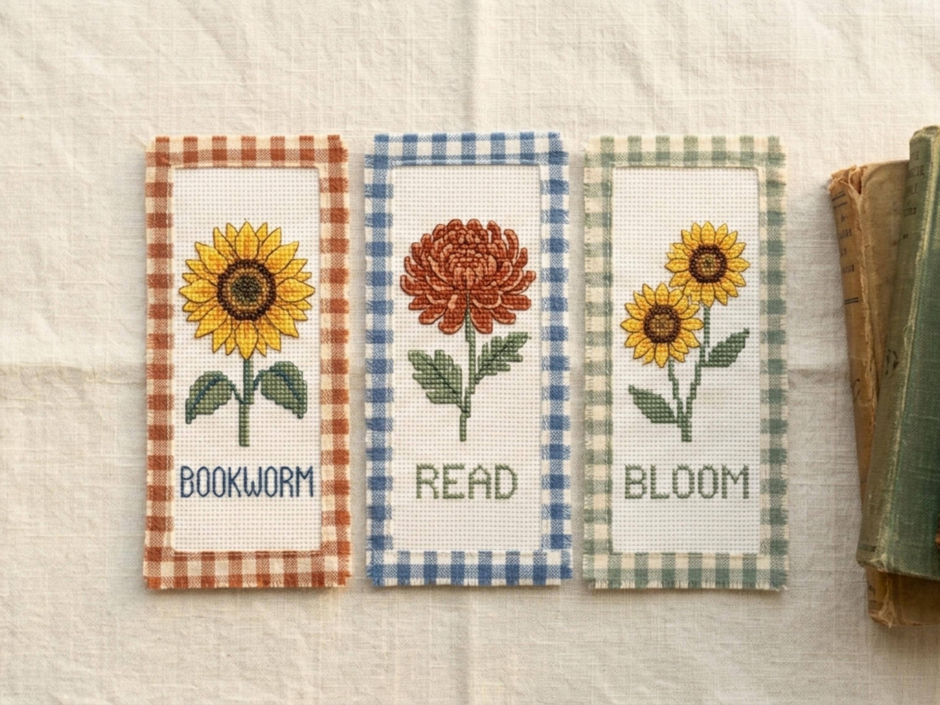 Cross Stitch Bookmark Pattern Bundle PDF, 3 Designs Sunflower Bookworm Read Bloom, Farmhouse Gingham, Easy Beginner Pattern