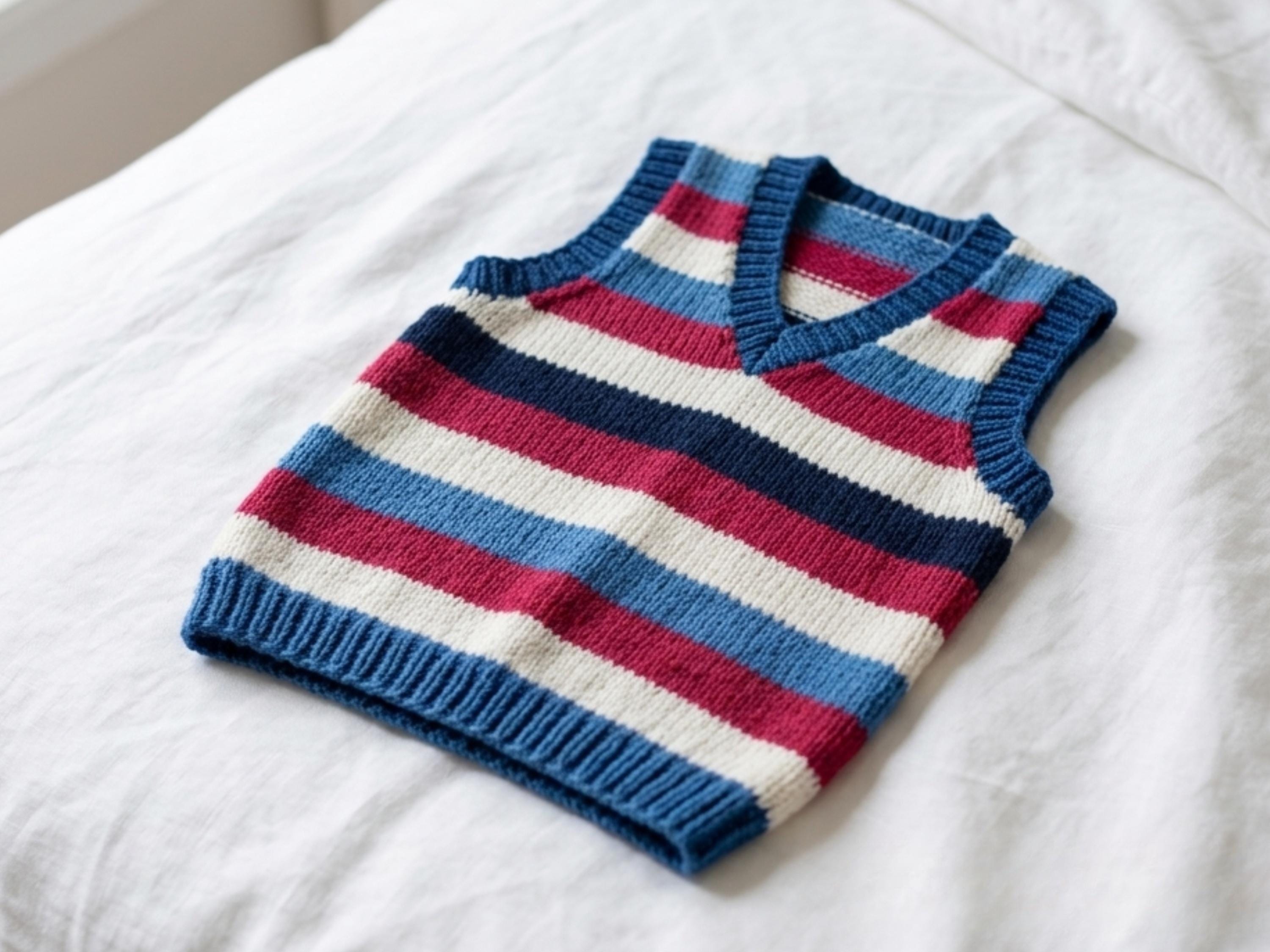 Striped V-Neck Vest Knitting Pattern, Baby Waistcoat Sizes 1-6 (PDF Download)