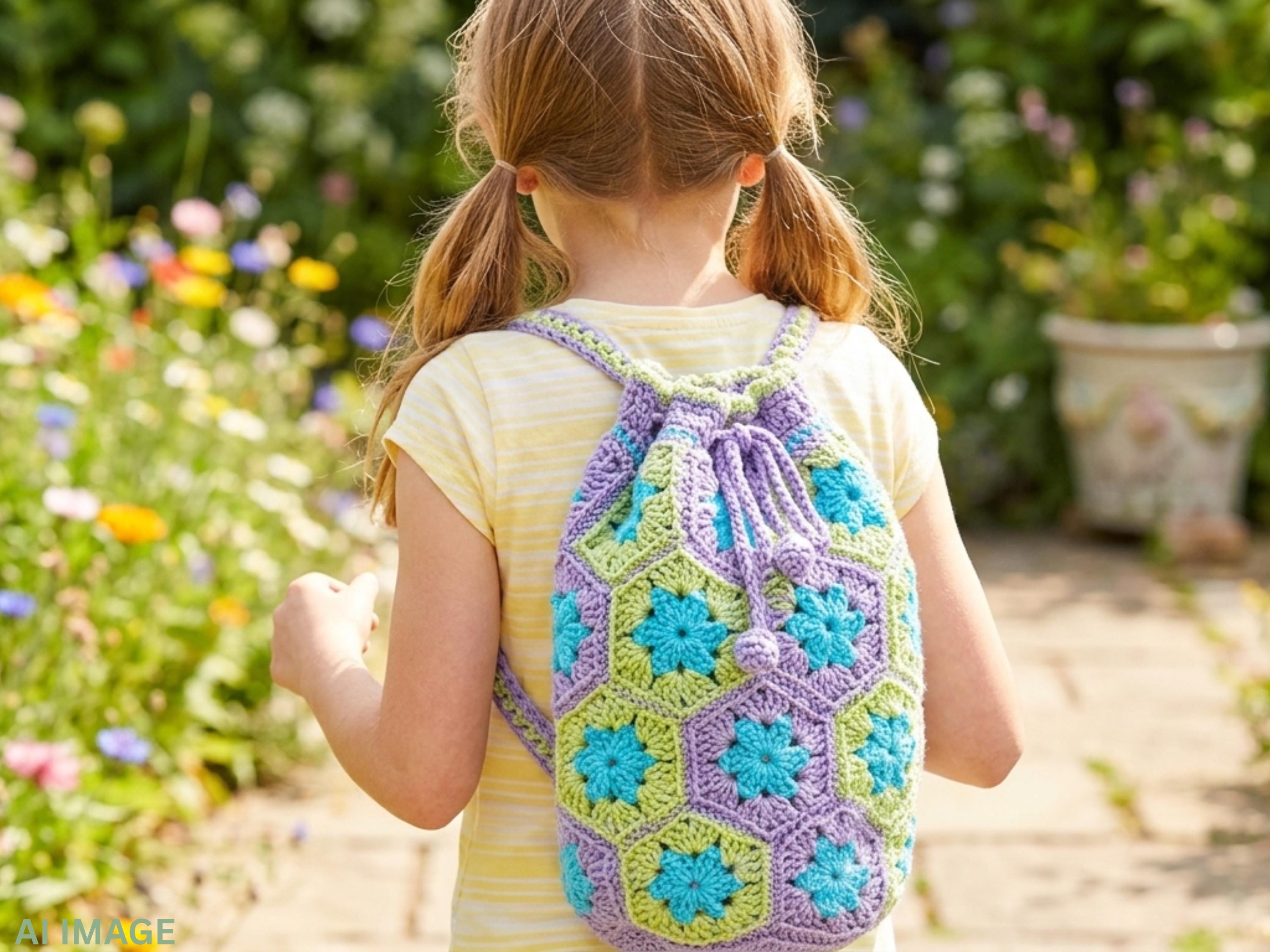 Crochet Backpack Pattern PDF, Kids Hexagon Flower Tote Bag Pattern, African Flower Crochet Bag, Girls Drawstring Backpack, Instant Download