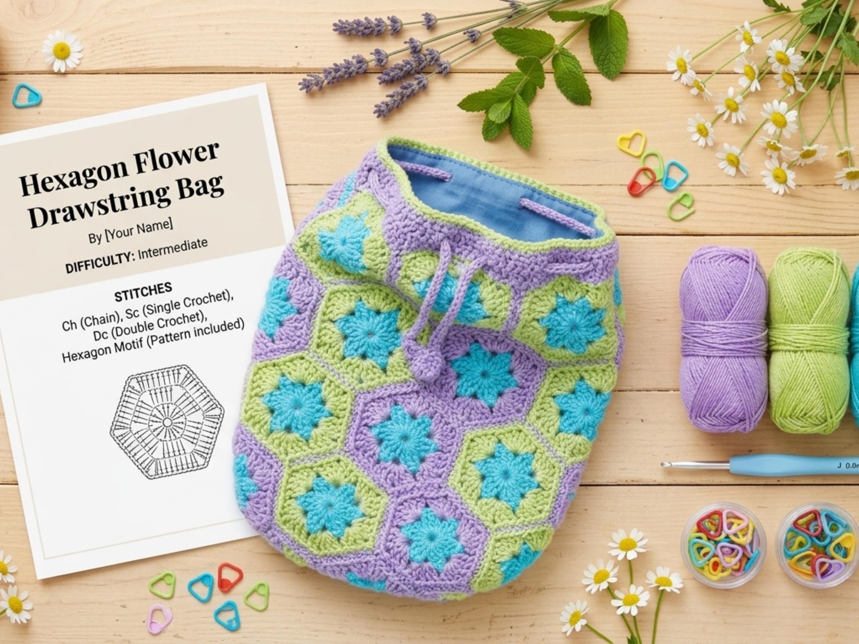 Crochet Backpack Pattern PDF, Kids Hexagon Flower Tote Bag Pattern, African Flower Crochet Bag, Girls Drawstring Backpack, Instant Download