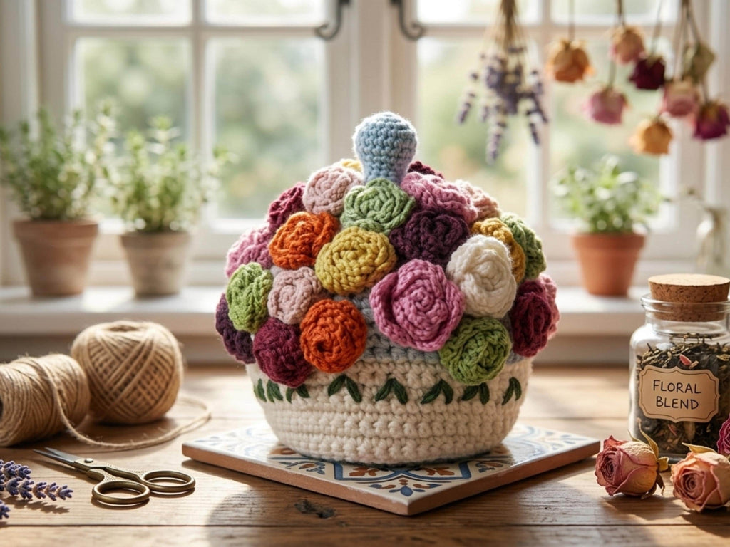 Crochet Flower Basket Tea Cosy Pattern Floral Teapot Warmer (PDF)