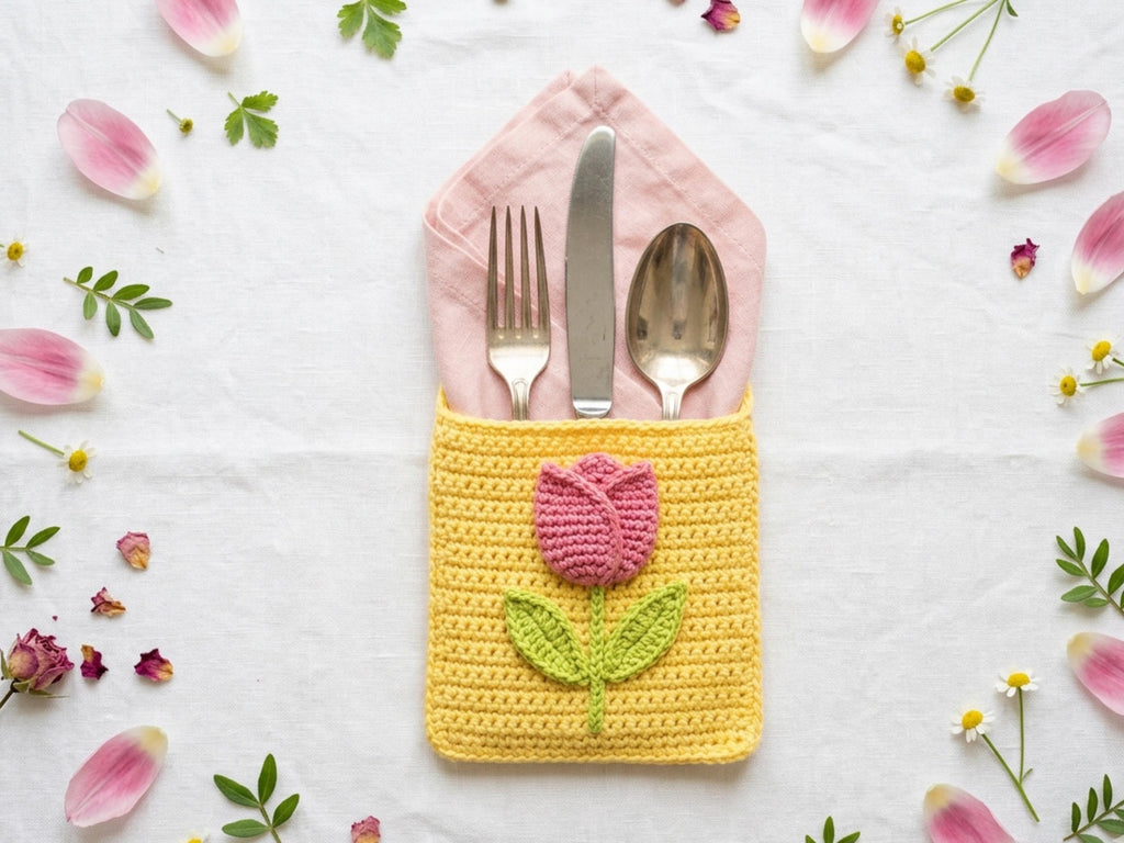 Crochet Pattern — Floral Cutlery Holder, Spring Table Décor, PDF Download