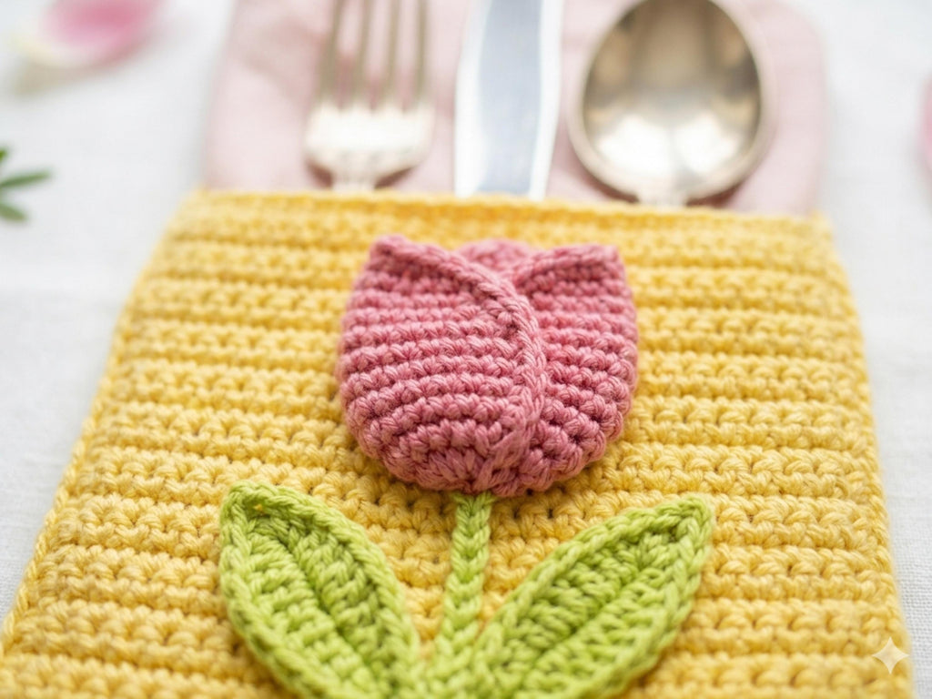 Crochet Pattern — Floral Cutlery Holder, Spring Table Décor, PDF Download