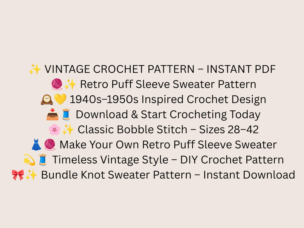 Vintage Crochet Pattern: Bundle Knot Puff Sleeve, 1940s 1950s Bobble Stitch Pullover (PDF)