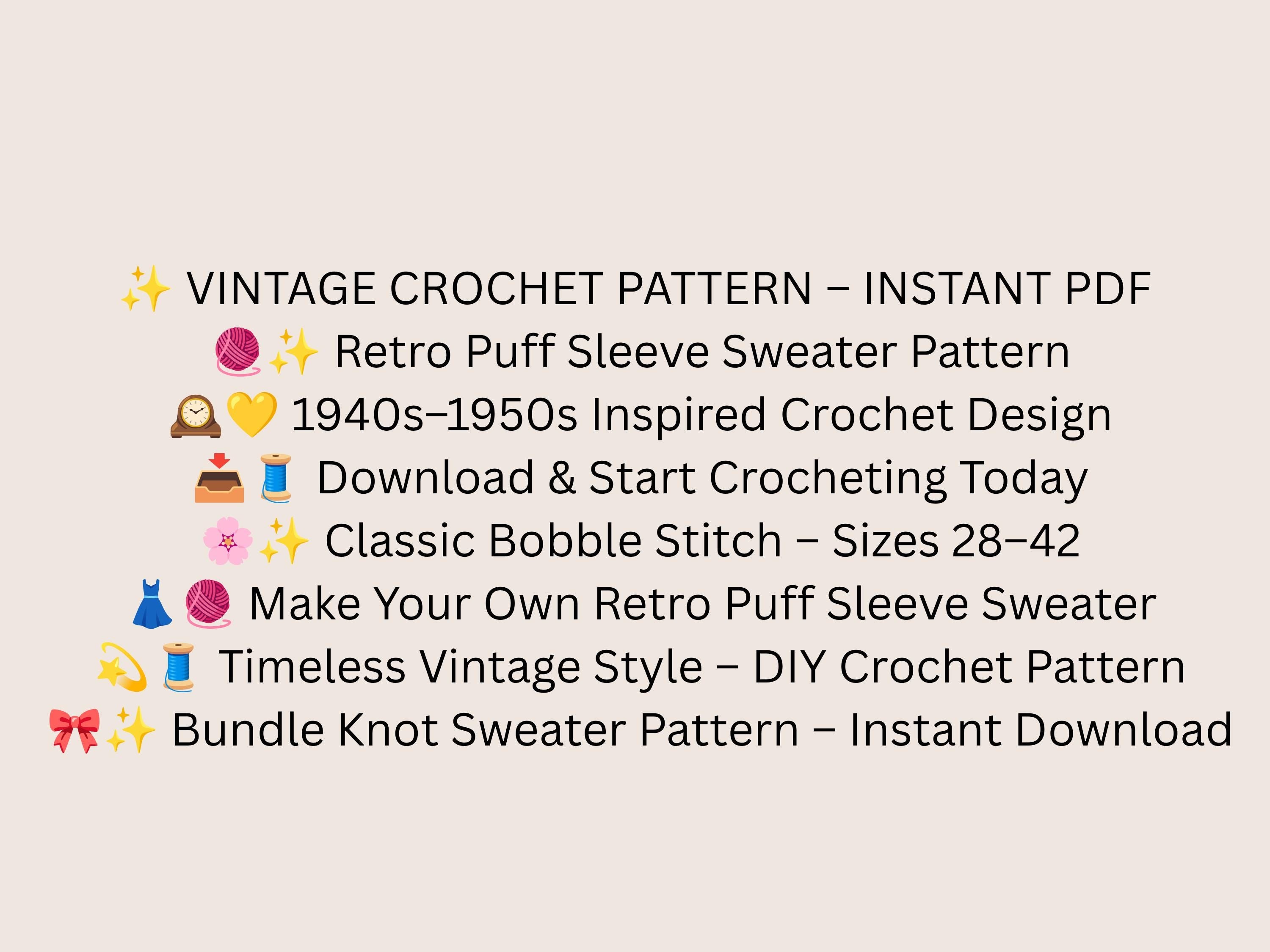 Vintage Crochet Pattern: Bundle Knot Puff Sleeve, 1940s 1950s Bobble Stitch Pullover (PDF)