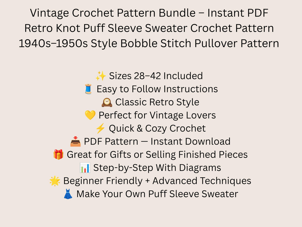 Vintage Crochet Pattern: Bundle Knot Puff Sleeve, 1940s 1950s Bobble Stitch Pullover (PDF)