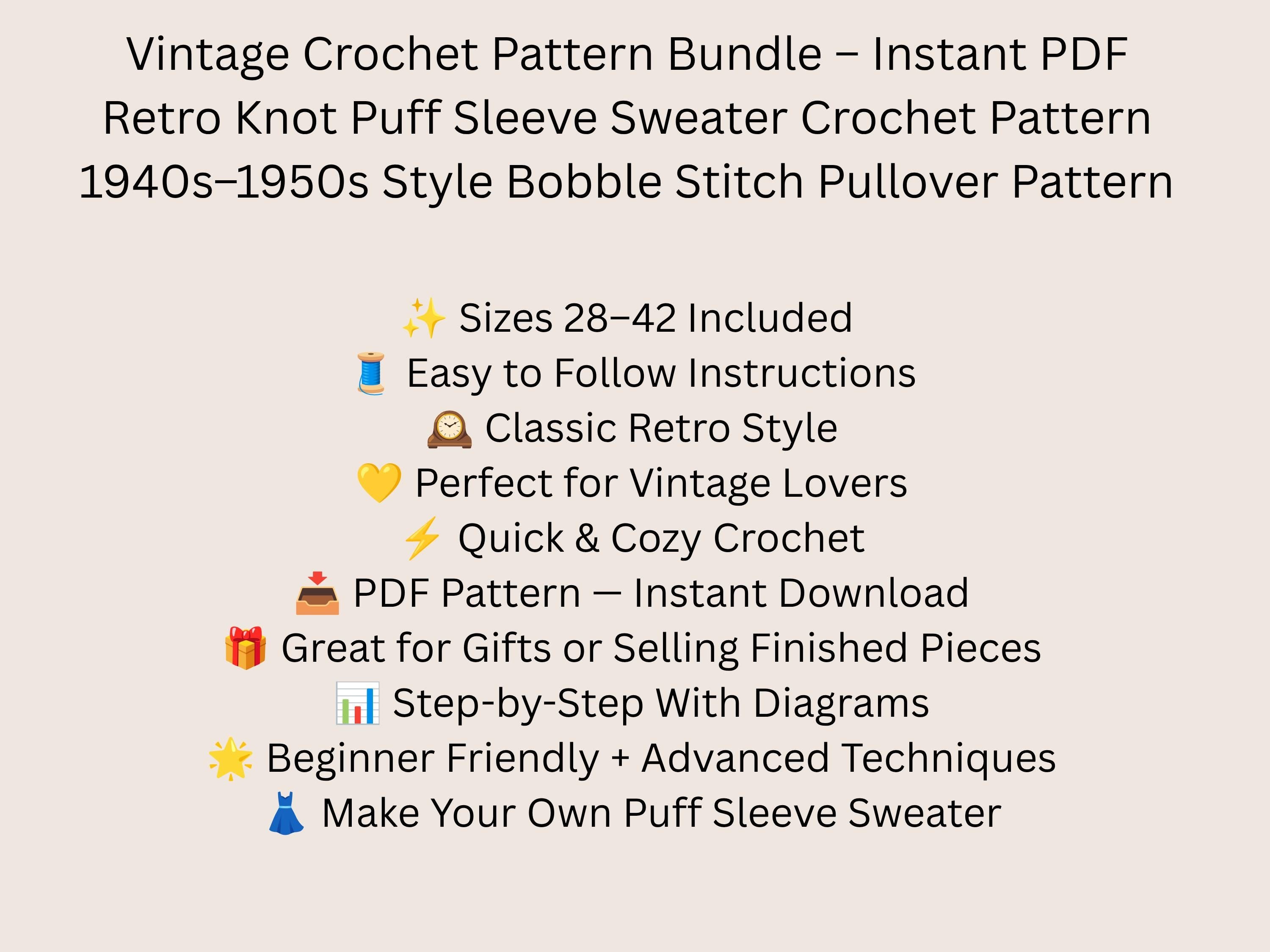 Vintage Crochet Pattern: Bundle Knot Puff Sleeve, 1940s 1950s Bobble Stitch Pullover (PDF)