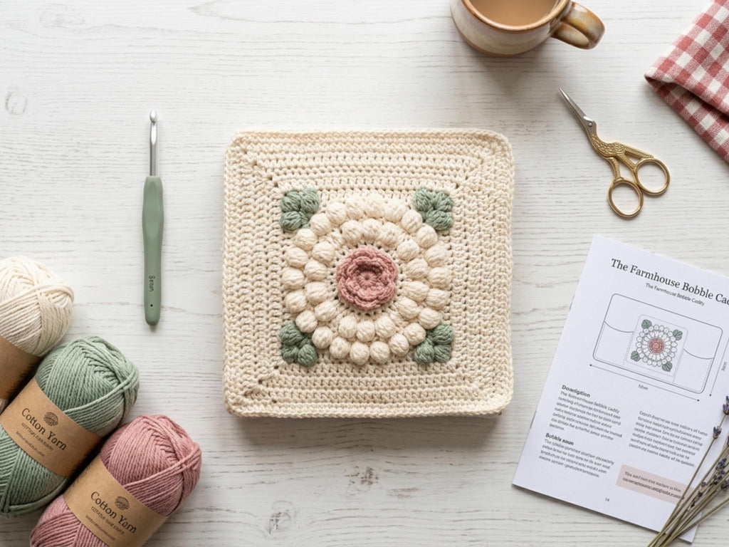 Farmhouse Crochet Sofa Caddy Pattern, Floral Bobble Armchair Organizer (PDF Download)