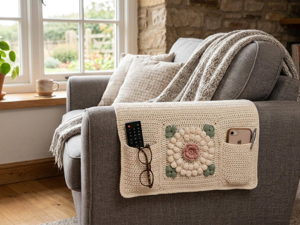 Farmhouse Crochet Sofa Caddy Pattern, Floral Bobble Armchair Organizer (PDF Download)