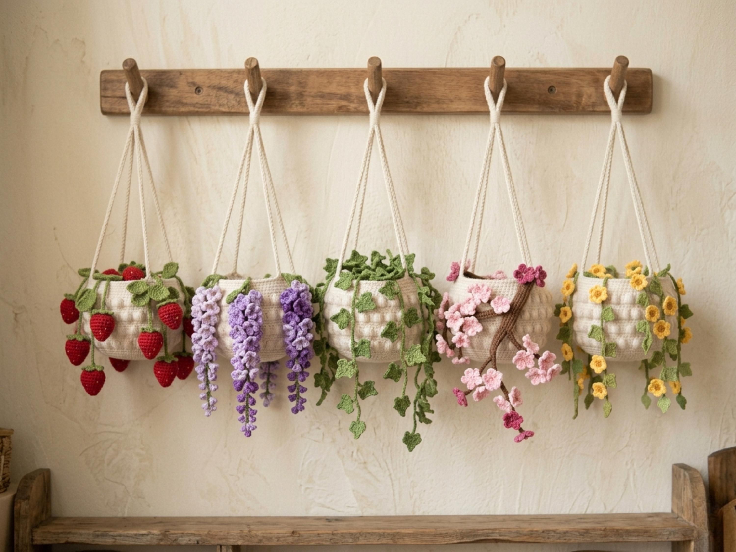 Crochet Hanging Plant Basket Pattern Bundle, Strawberry, Wisteria, Ivy, Cherry Blossom, Flower Vine (PDF)