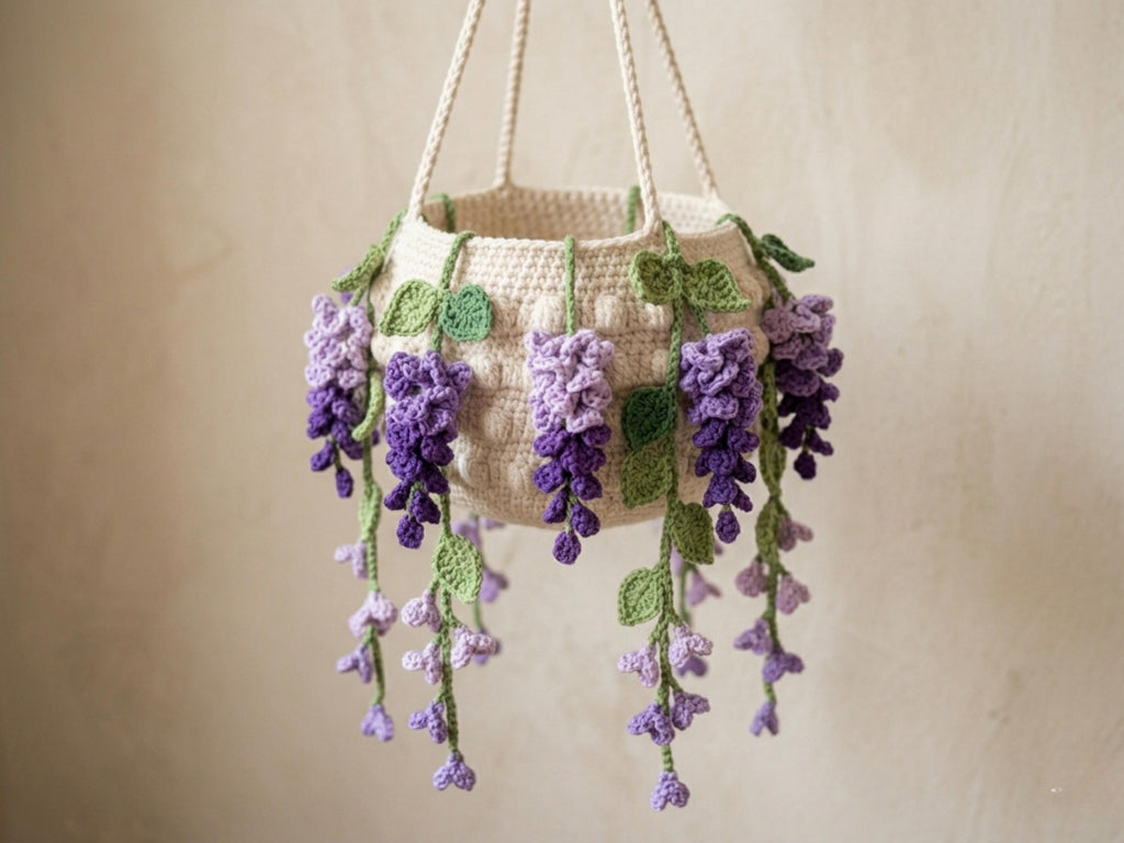 Crochet Hanging Plant Basket Pattern Bundle, Strawberry, Wisteria, Ivy, Cherry Blossom, Flower Vine (PDF)