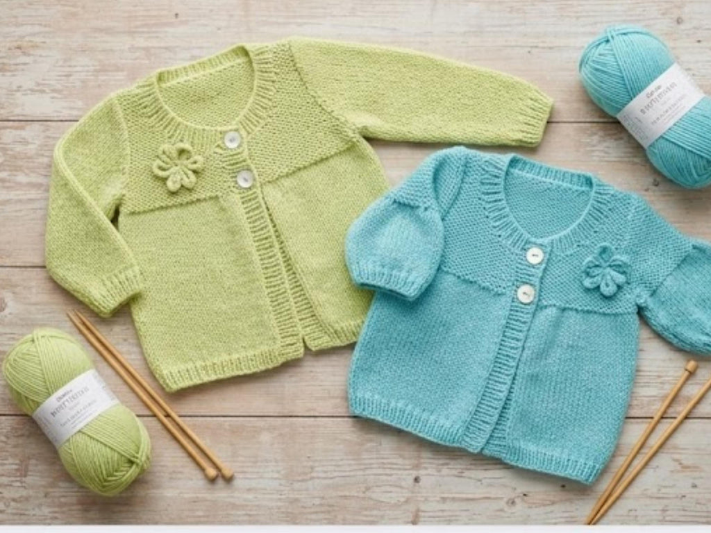 Vintage Baby Cardigan Knitting Pattern, Flower Detail, Short/Long Sleeve (PDF Download)