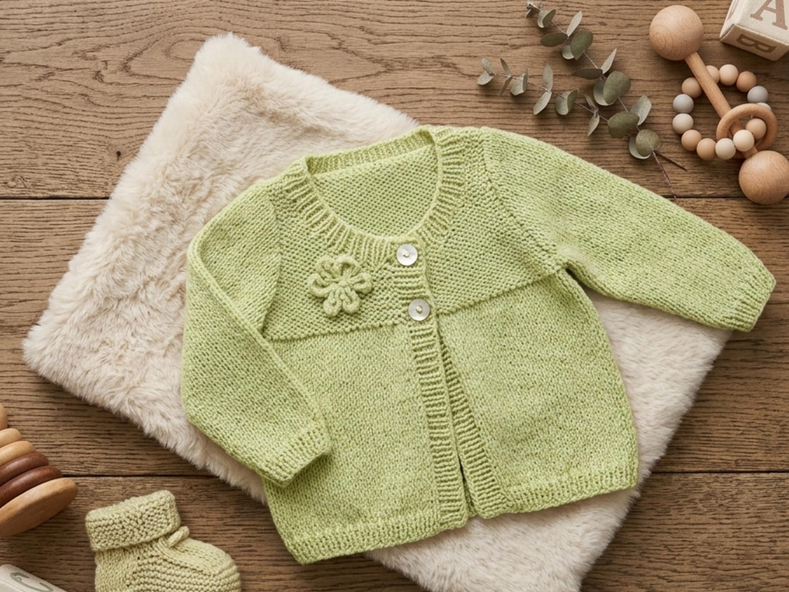 Vintage Baby Cardigan Knitting Pattern, Flower Detail, Short/Long Sleeve (PDF Download)
