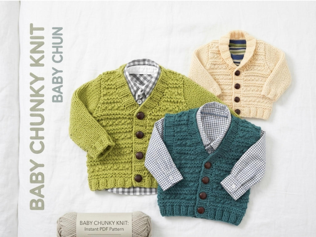Baby Waistcoat Knitting Pattern | Chunky Knit Vest, V-Neck, Shawl Collar (PDF Download)