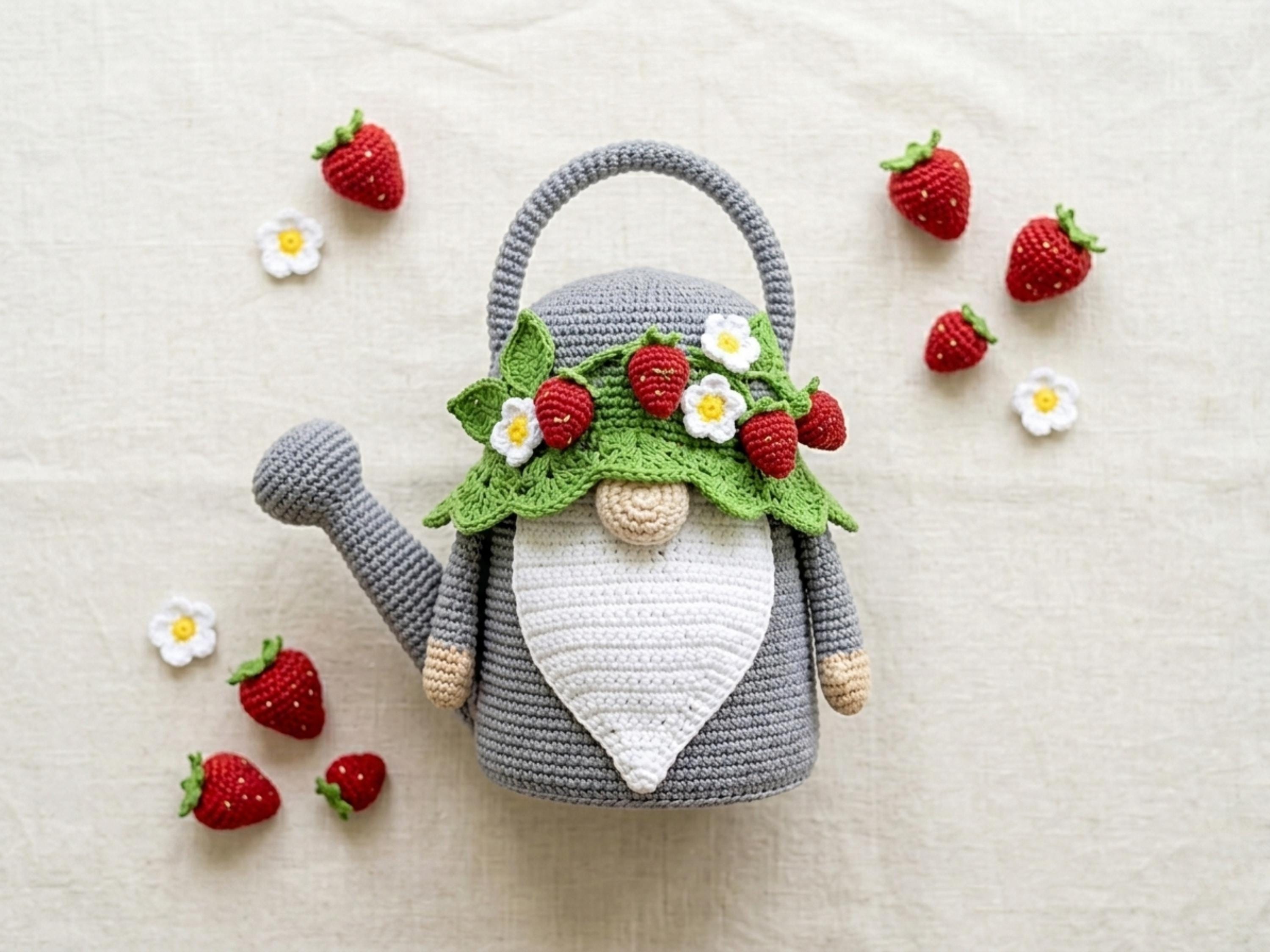 Crochet Watering Can Gnome Pattern, Strawberry Flower Amigurumi PDF
