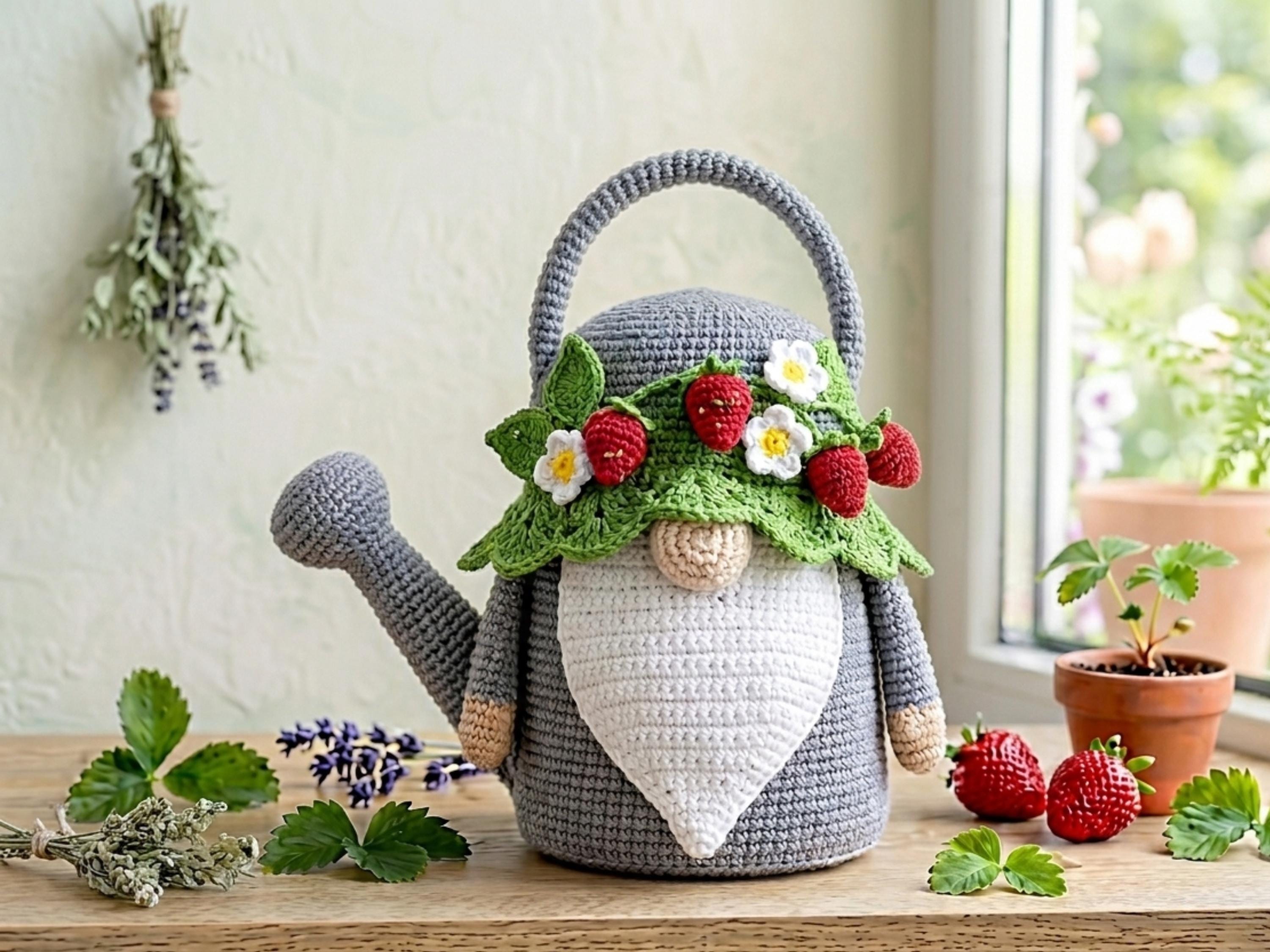 Crochet Watering Can Gnome Pattern, Strawberry Flower Amigurumi PDF