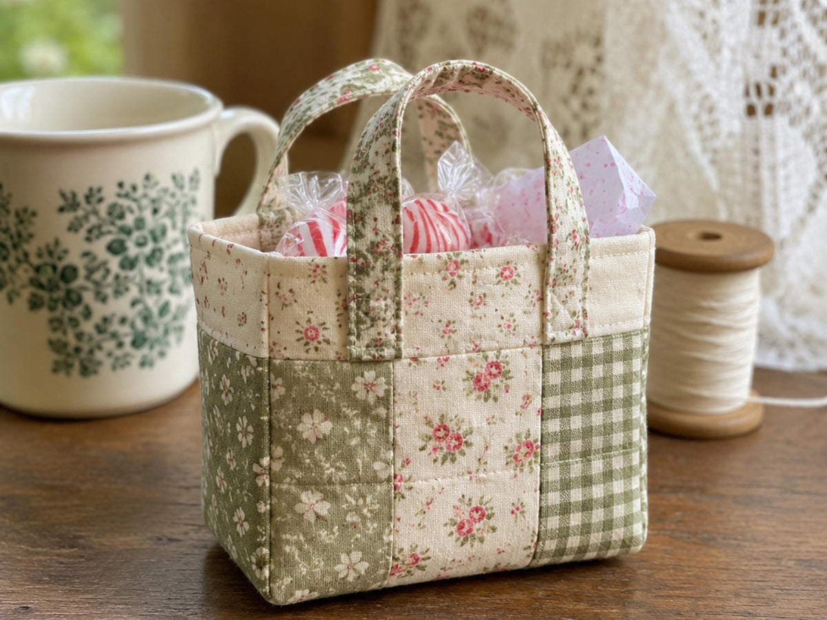 RETIREMENT SALE *Mini Gift Tote Bag Sewing Pattern | Beginner Box Tote, Patchwork Fabric (PDF Download)