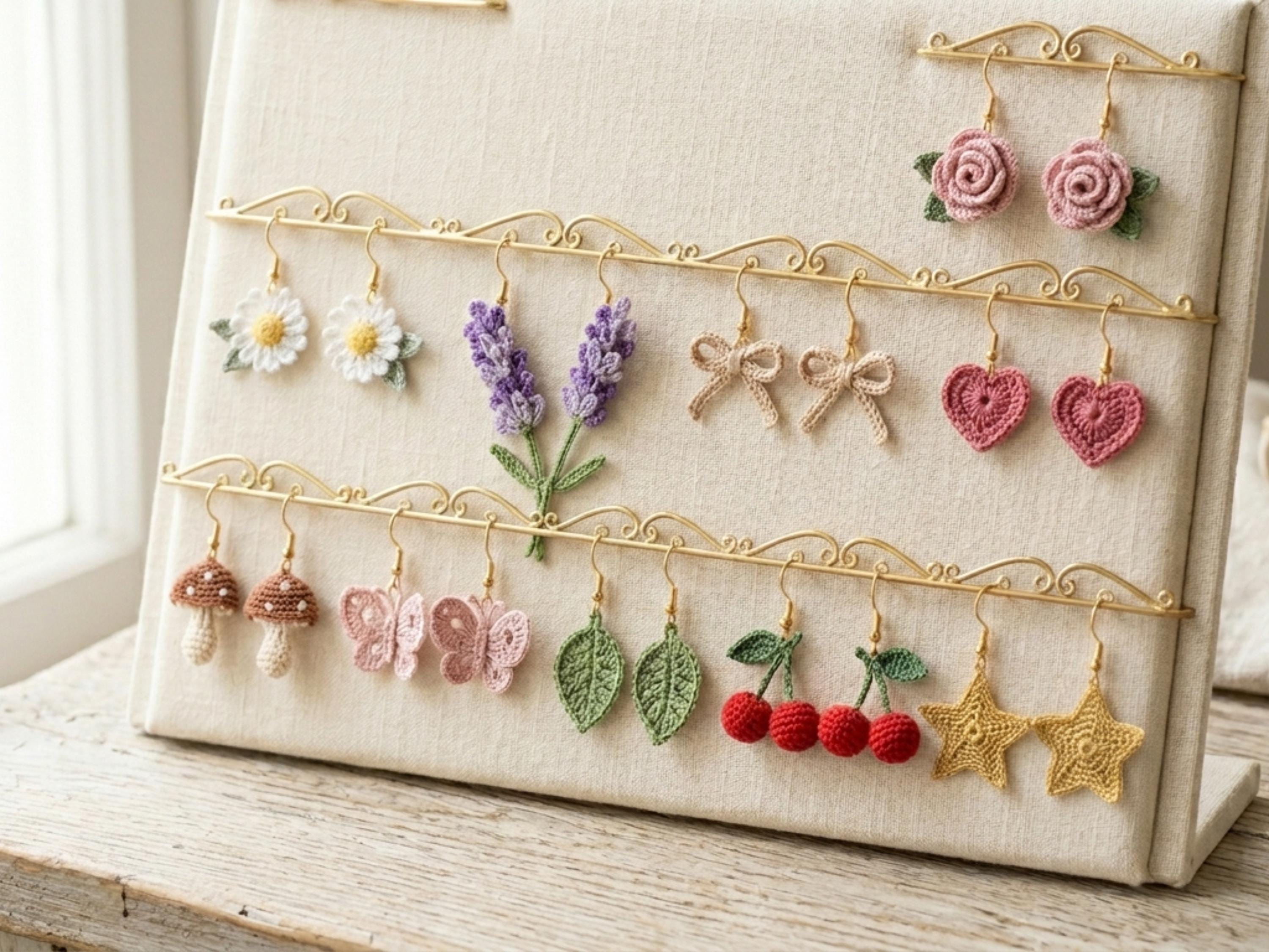 RETIREMENT SALE *Tiny Crochet Earring Patterns Bundle PDF, 10 Micro Crochet Earrings, Daisy Rose Heart Butterfly Mushroom Earrings, Instant