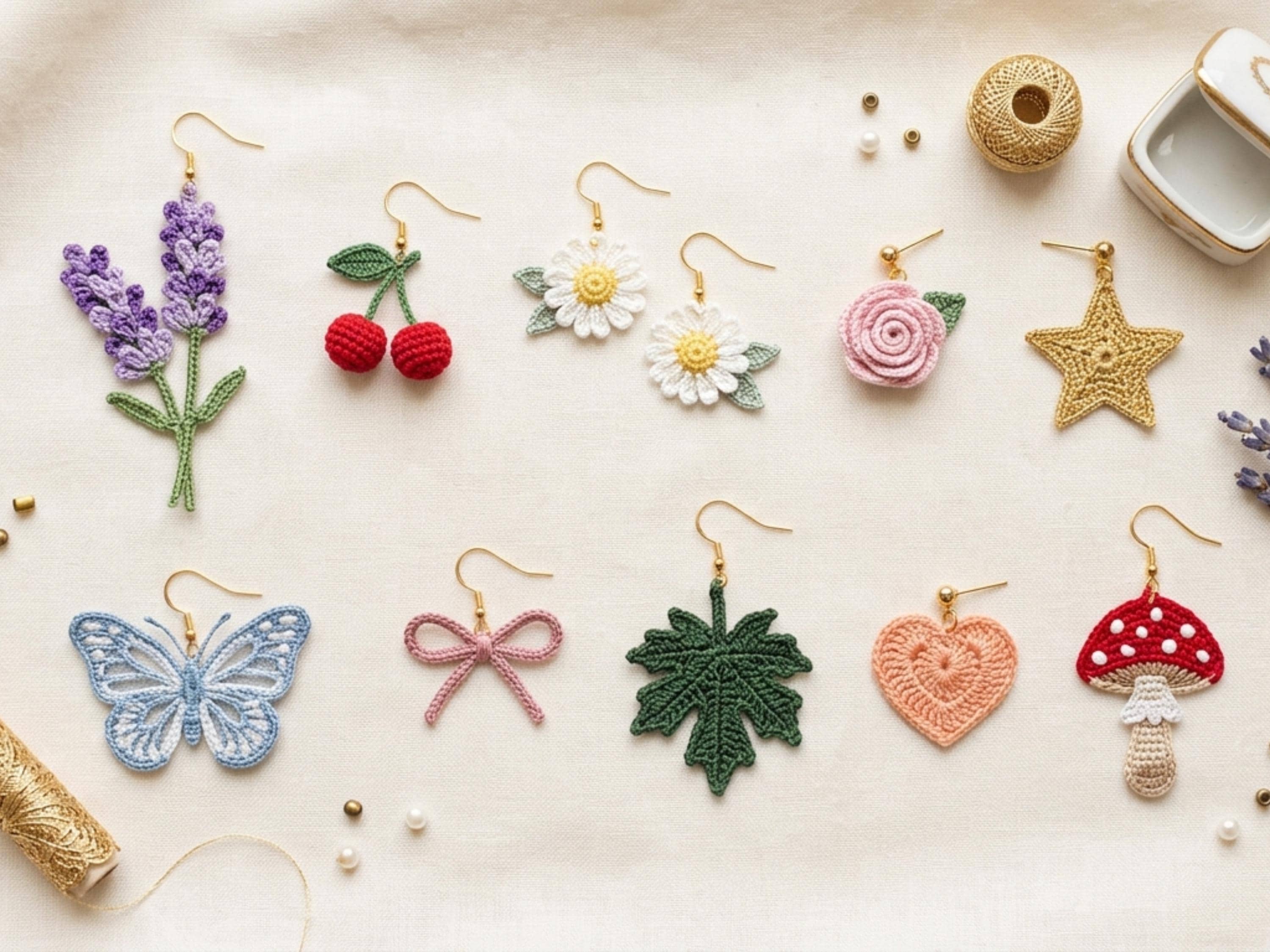 RETIREMENT SALE *Tiny Crochet Earring Patterns Bundle PDF, 10 Micro Crochet Earrings, Daisy Rose Heart Butterfly Mushroom Earrings, Instant