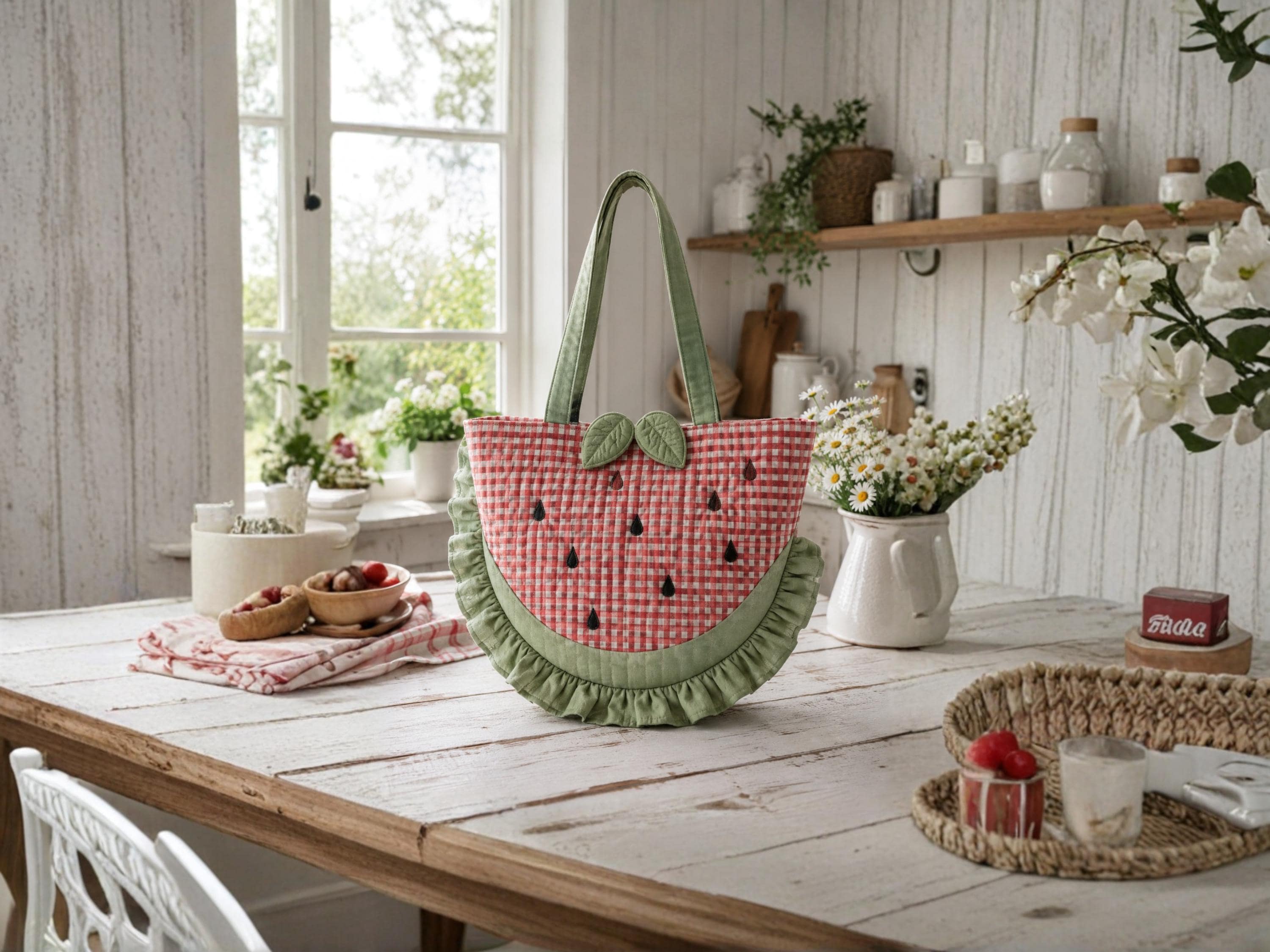 Watermelon Bag Sewing Pattern PDF, Ruffled Novelty Tote, Fruit Bag Pattern, Summer Market Bag, Beginner Sewing, Instant Download