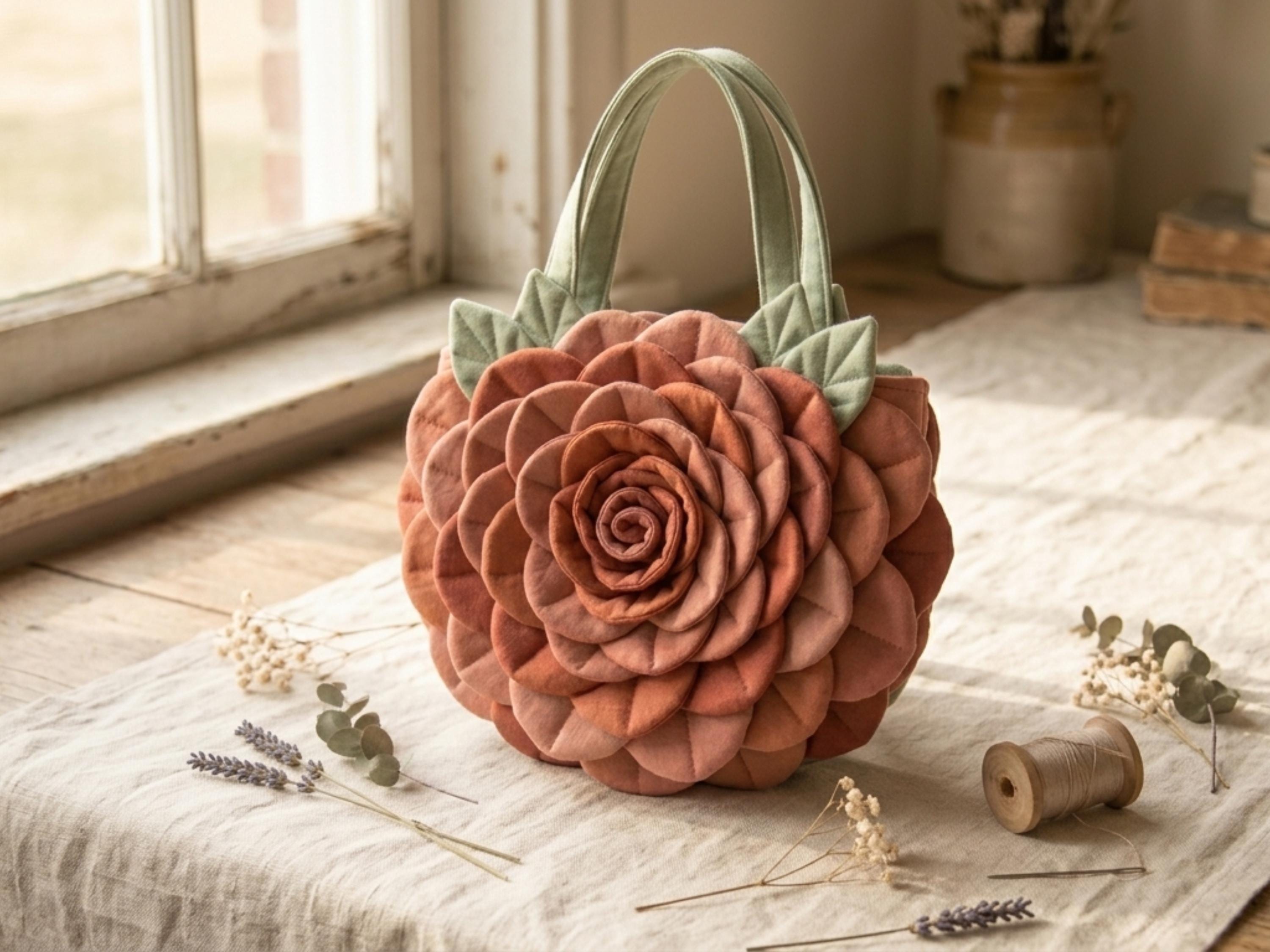 Rose Bag Sewing Pattern PDF, Layered Petal Bloom Bag, Ruffled Floral Tote, Farmhouse Flower Purse, Intermediate Sewing, Instant Download