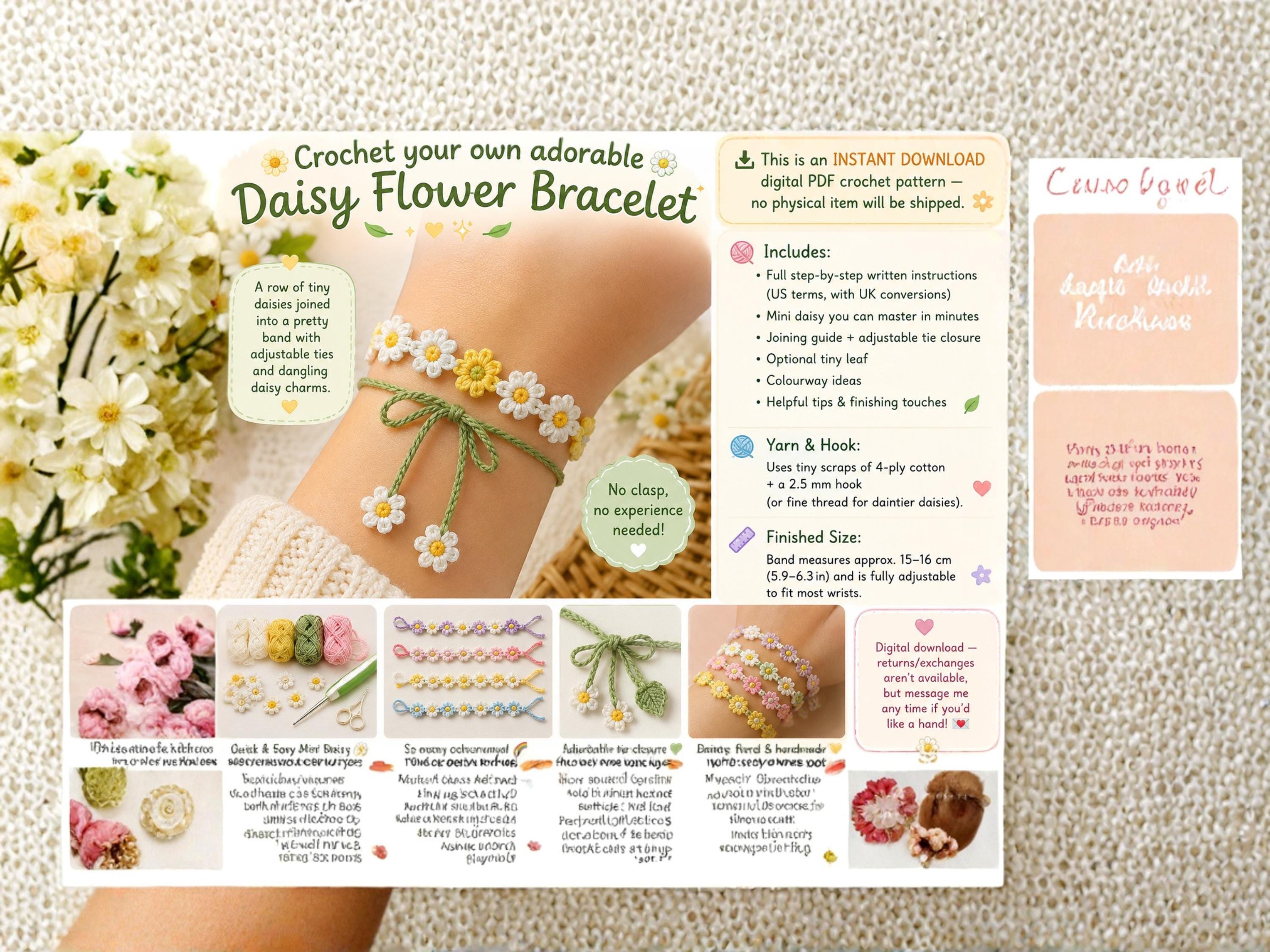 Crochet Daisy Bracelet Pattern PDF, Beginner Flower Jewellery Tutorial (Digital Download)