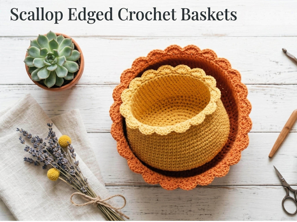 Scallop Edge Crochet Basket Pattern PDF, Farmhouse Storage Decor (2 Sizes)