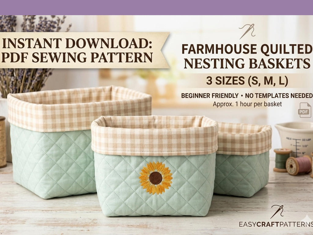 Farmhouse Quilted Nesting Baskets Sewing Pattern (3 Sizes), Beginner Friendly DIY Storage Tutorial