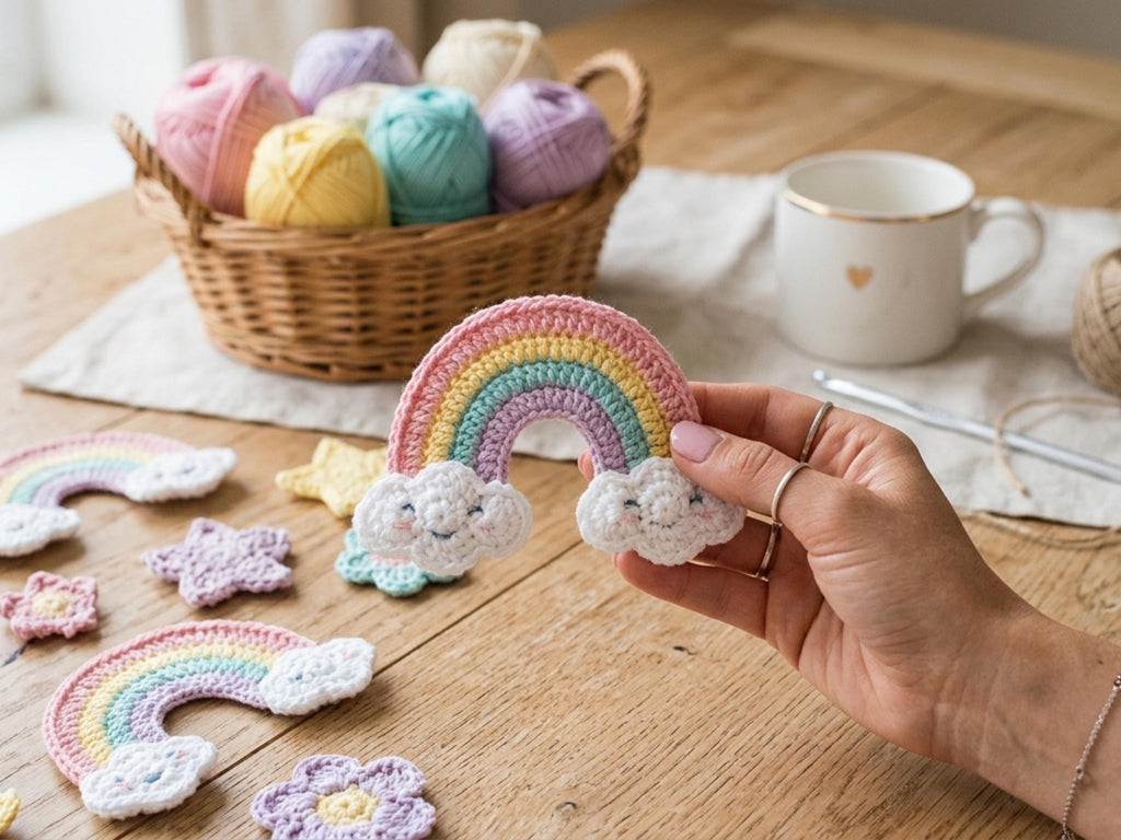 Crochet Rainbow Applique Pattern PDF, Cloud Rainbow Motif, Baby Clothes Patch, Bag Charm, Nursery Decor DIY, Easy Crochet Instant Download