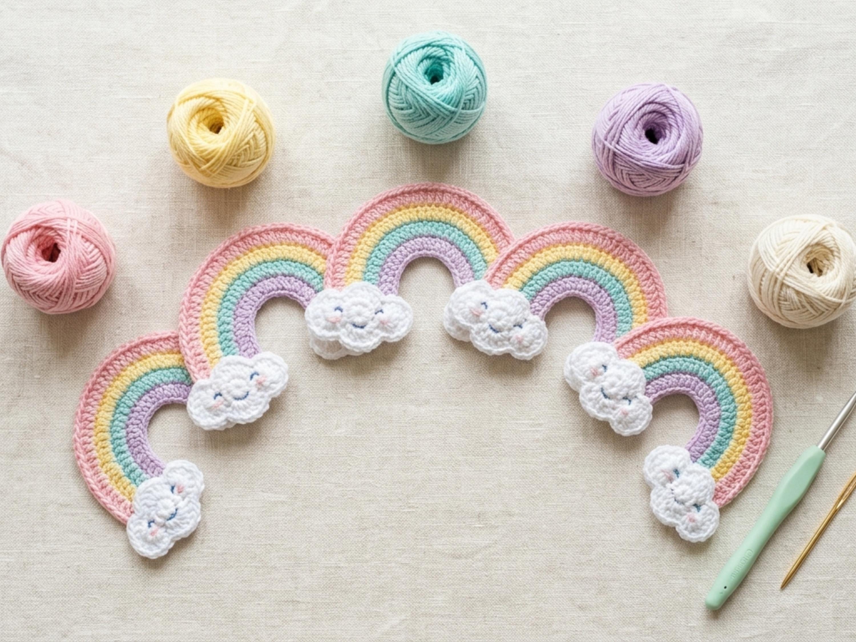 Crochet Rainbow Applique Pattern PDF, Cloud Rainbow Motif, Baby Clothes Patch, Bag Charm, Nursery Decor DIY, Easy Crochet Instant Download