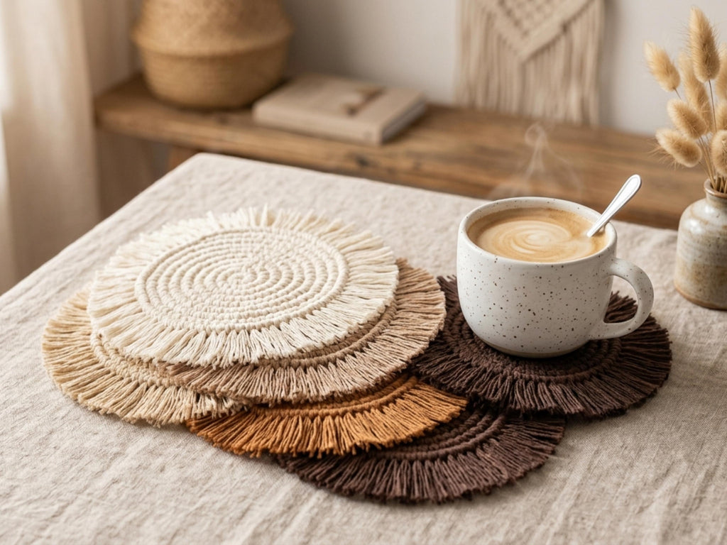 Crochet Coaster Pattern PDF, Boho Fringe Mug Rug, Macrame Style Home Decor DIY (Instant)