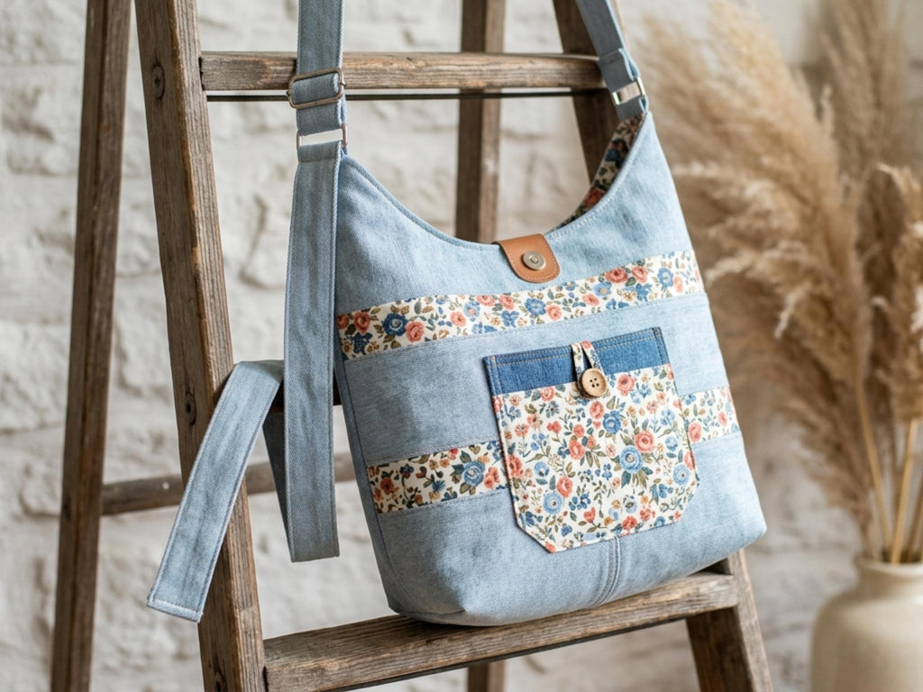 Boho Sling Hobo Bag Sewing Pattern PDF, Crossbody Tote Hobo DIY, Upcycle Jeans Bag, Floral Denim Shoulder Bag, Easy Sewing, Instant Download